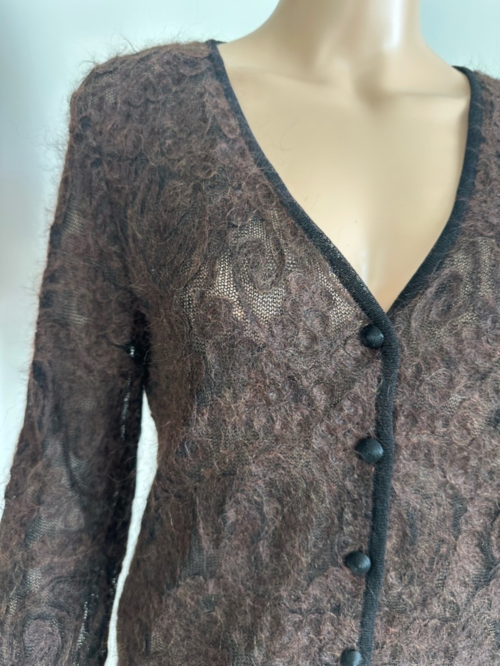 Brown and black Sheer Fuzzy V-Neck Cardigan by Dana Bachman, wool blend, size S